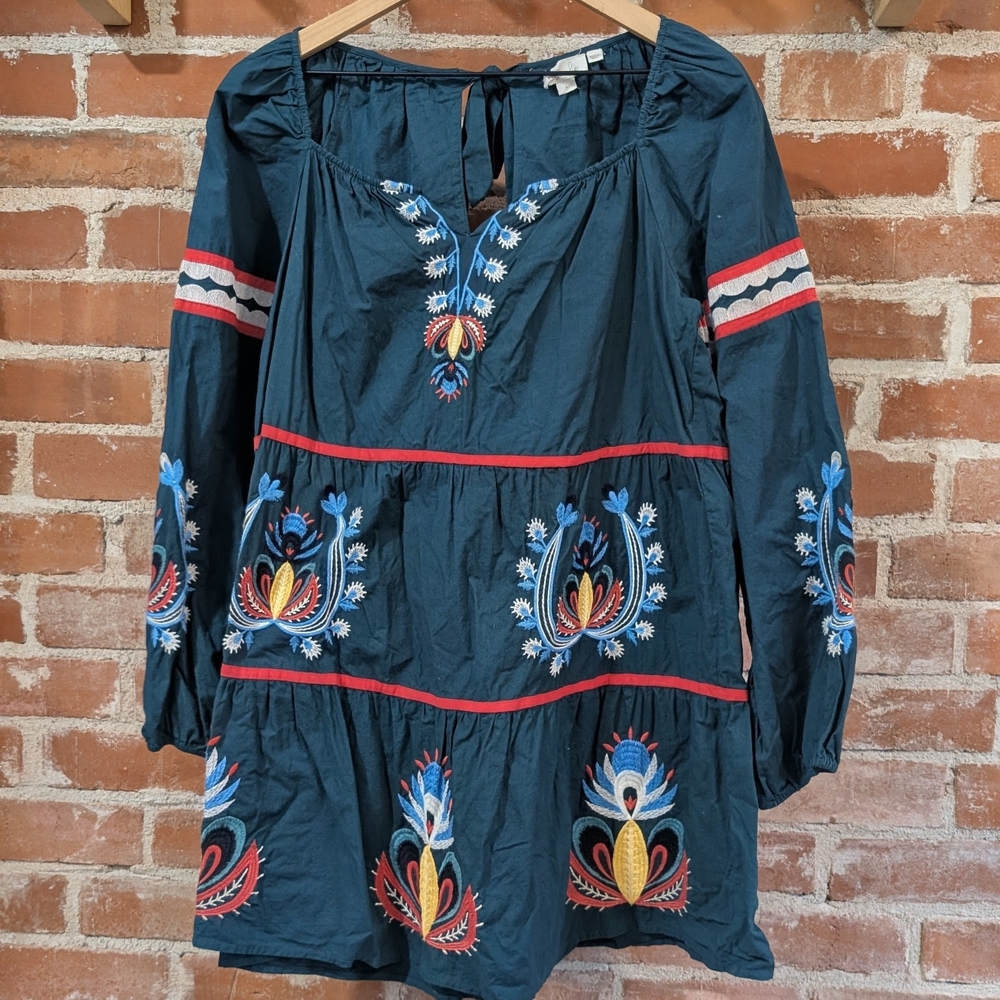 Anthropologie Teal With Embroidery Boho Tunic Dress/Shirt